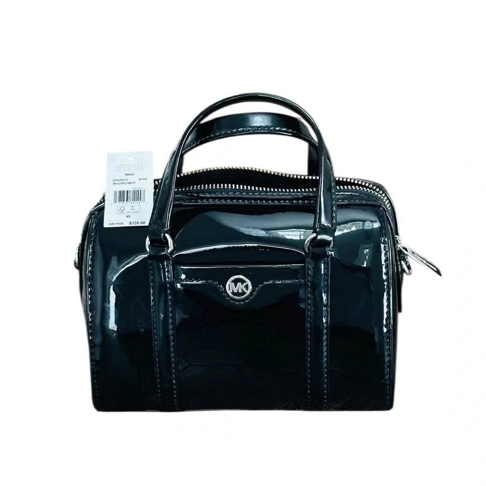 Michael Kors Jet Set small black patent duffel crossbody bag $328 NWT